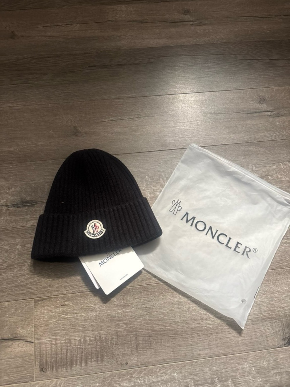 Moncler Black Ribbed Knit Beanie with Logo Patch